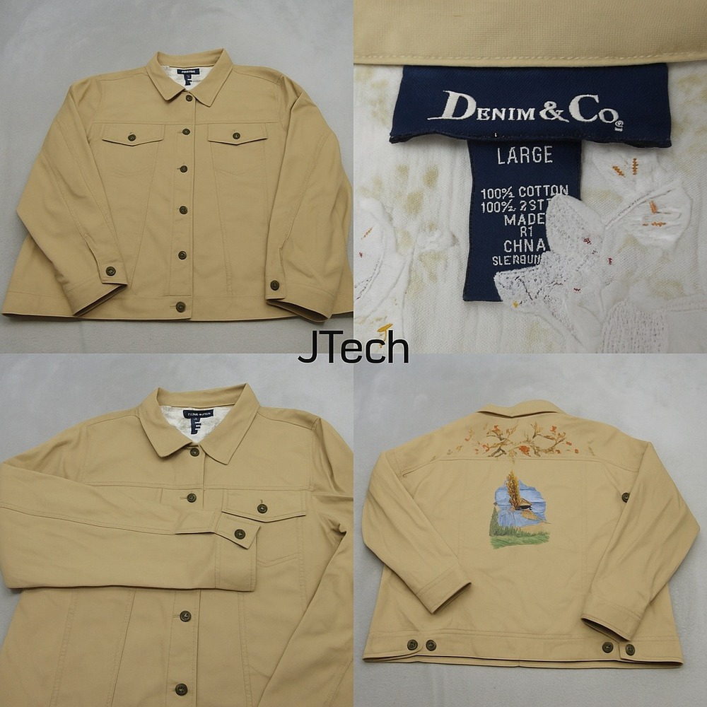 Denim & Co Jacket Womens Large Beige Pockets Embroidered Eagle Trucker